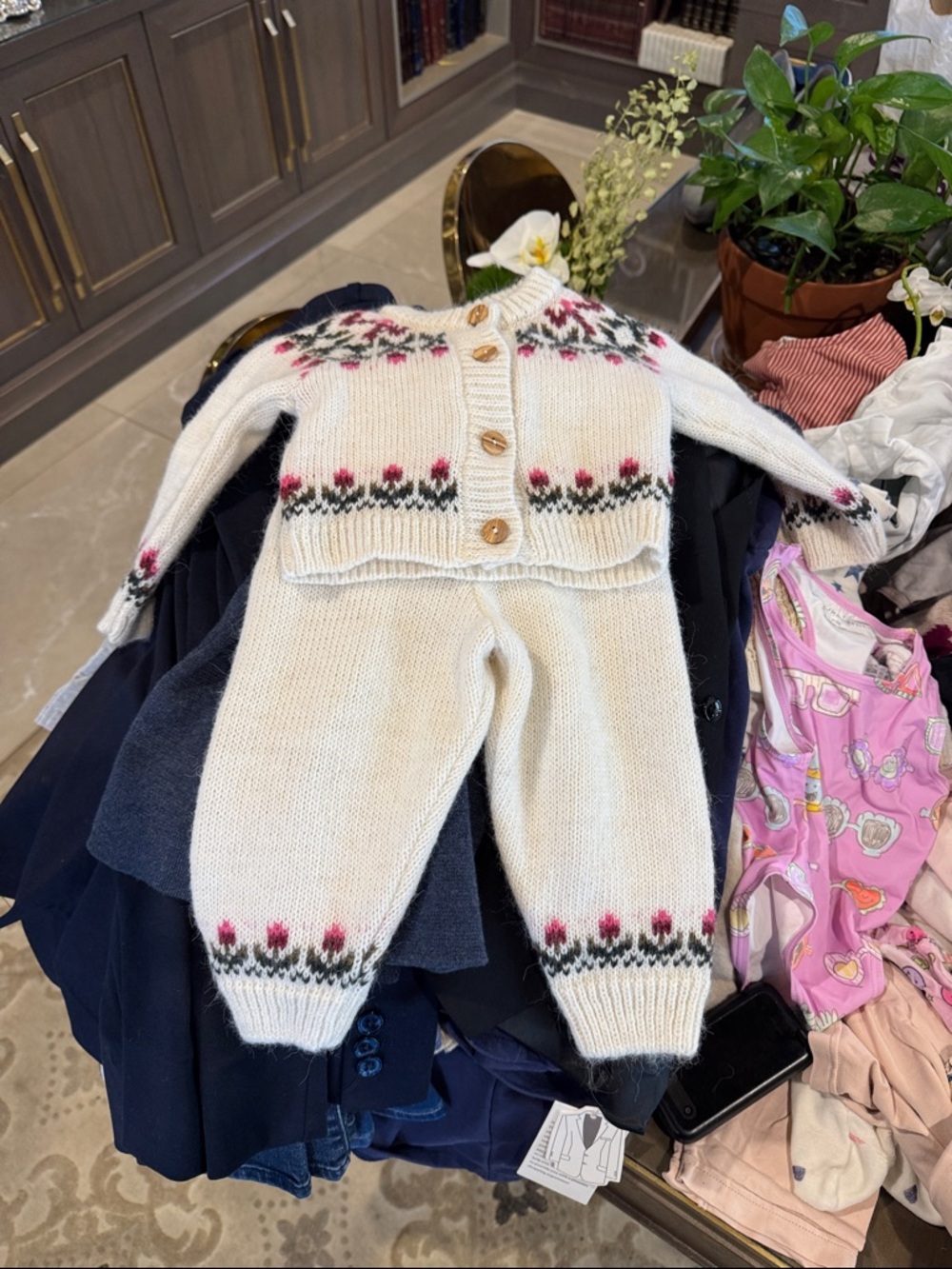 Kids Cream Knit Floral Matching Set - Cardigan & Pants